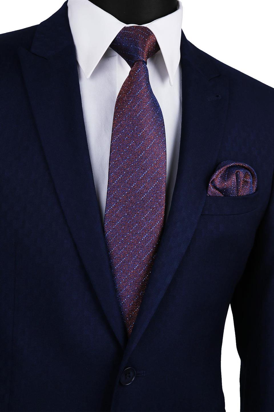 Kahverengi Çizgi Desen Mendilli Klasik Kravat KK9695