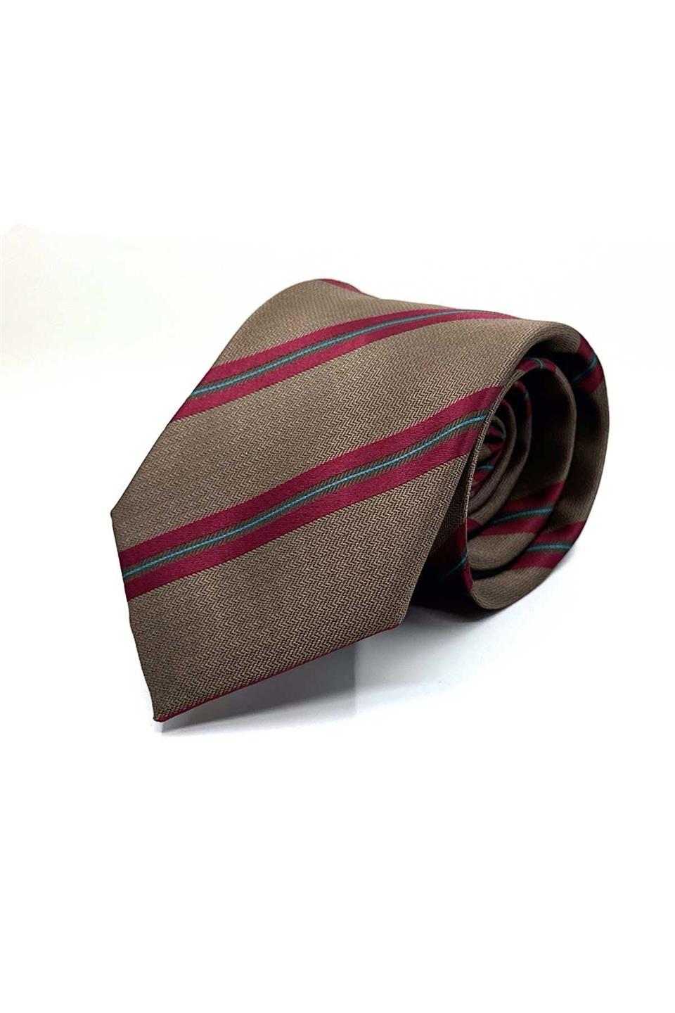 Kahverengi Çizgi Desen Mendilli Klasik Kravat KK12821