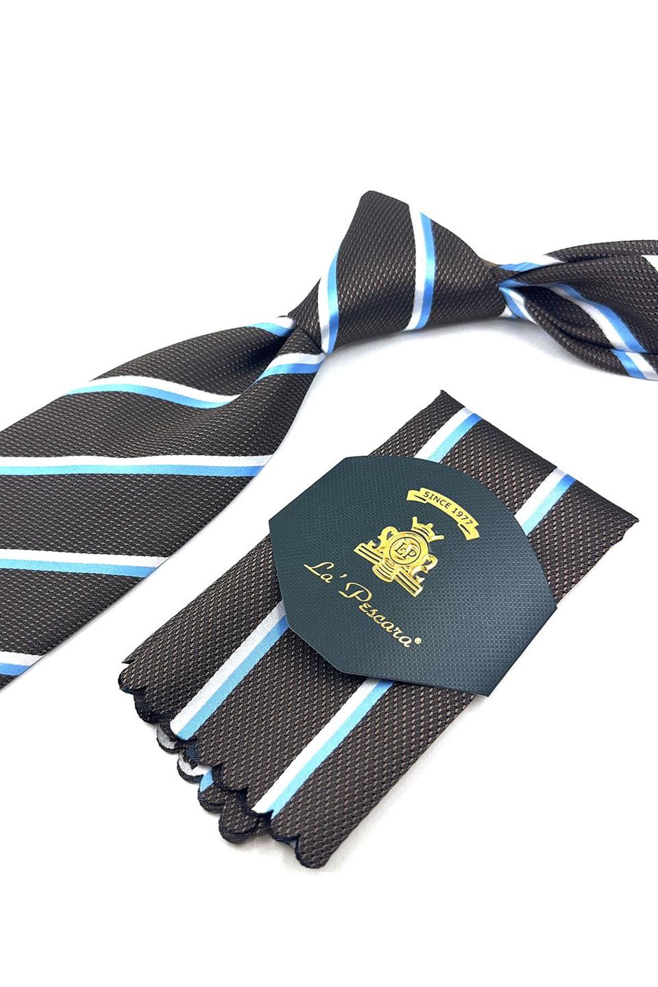 Kahverengi Çizgi Desen Mendilli Klasik Kravat KK11831