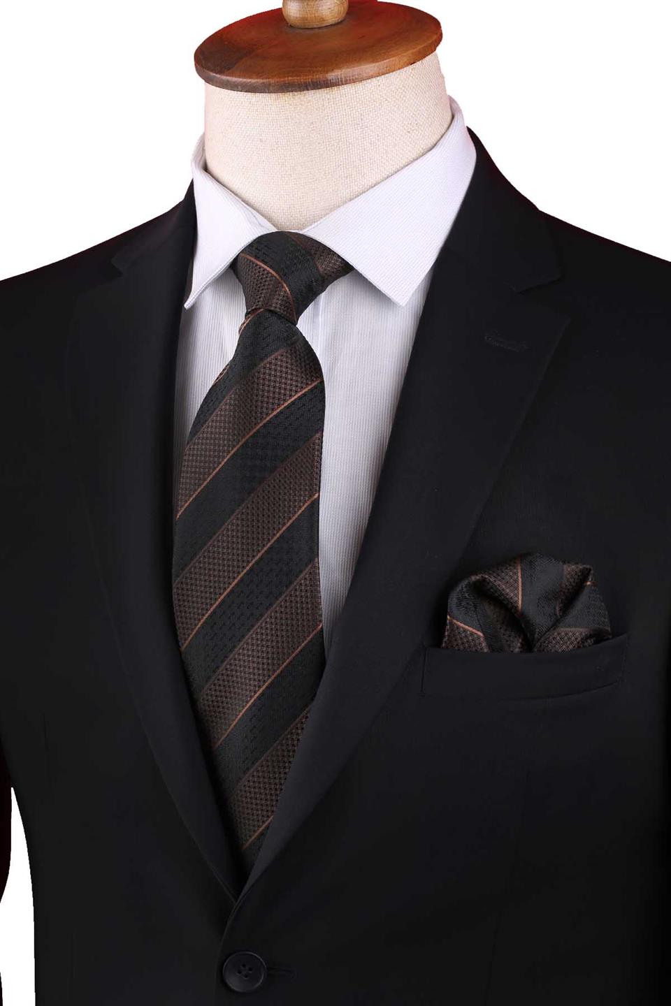 Kahverengi Çizgi Desen Mendilli Klasik Kravat KK13146