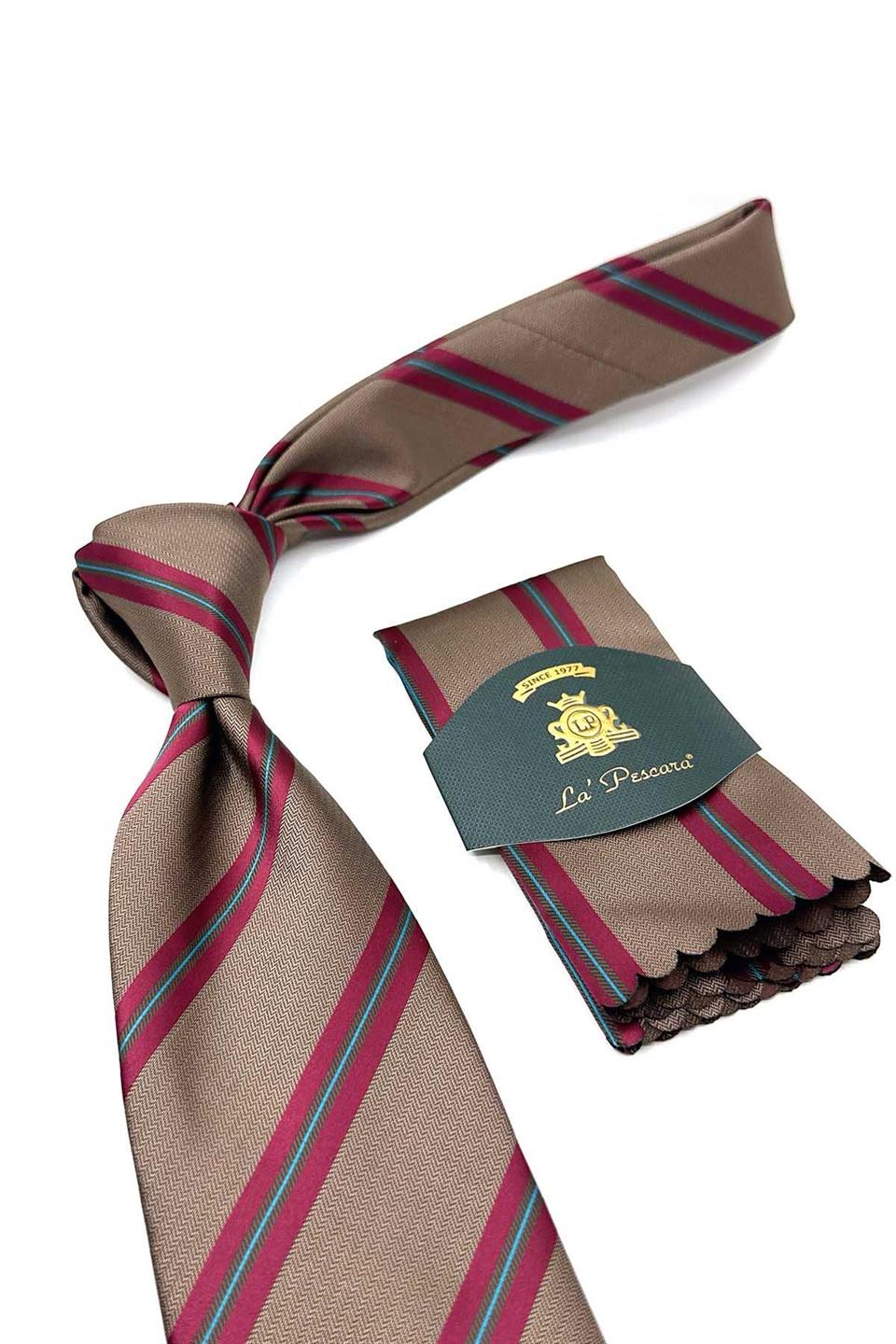 Kahverengi Çizgi Desen Mendilli Klasik Kravat KK12821