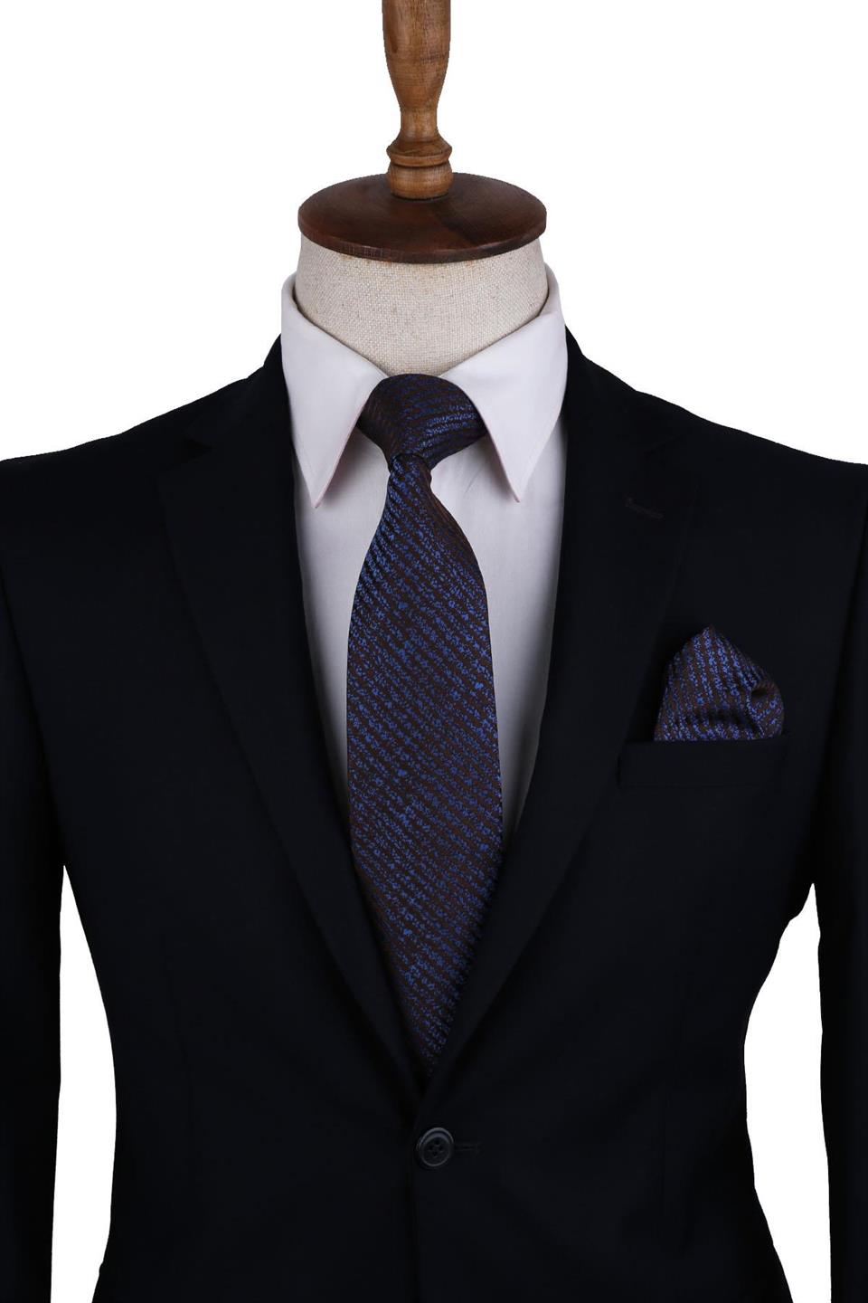 Kahverengi Çizgi Desen Mendilli Klasik Kravat KK10550