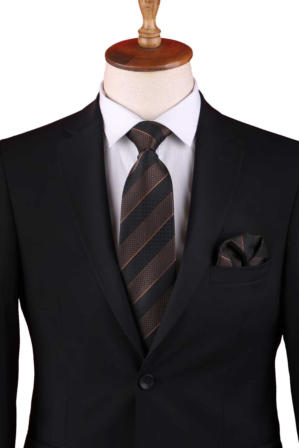 Kahverengi Çizgi Desen Mendilli Klasik Kravat KK13146