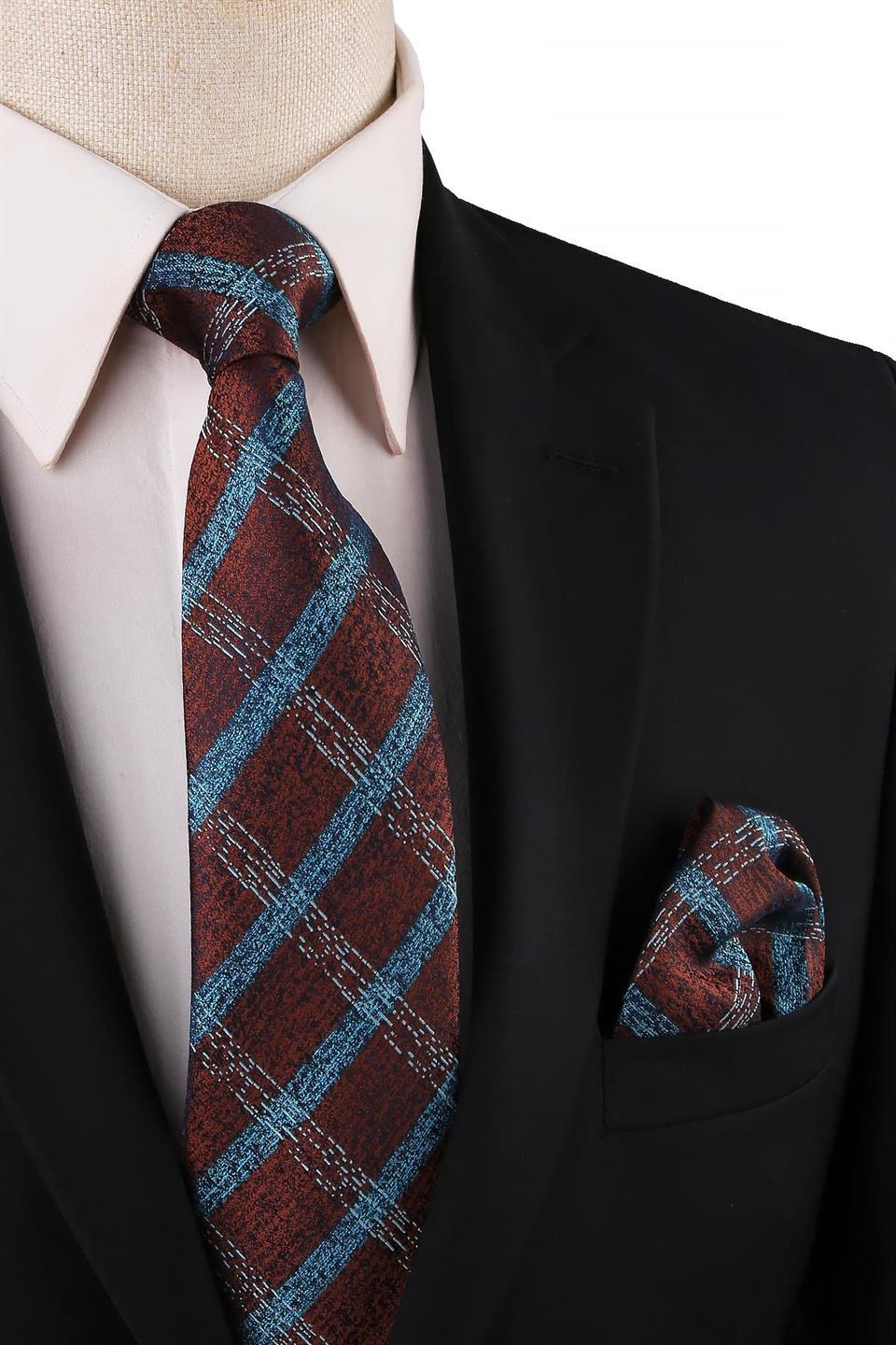 Kahverengi Ekose Desen Mendilli Klasik Kravat KK10756