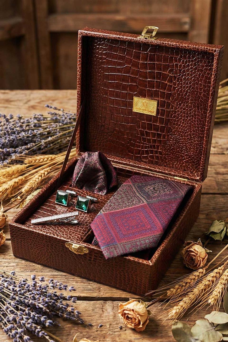 Kahverengi Erkek Hediye Kutusu - Kravat Kol Düğmesi Kravat İğnesi KMK134