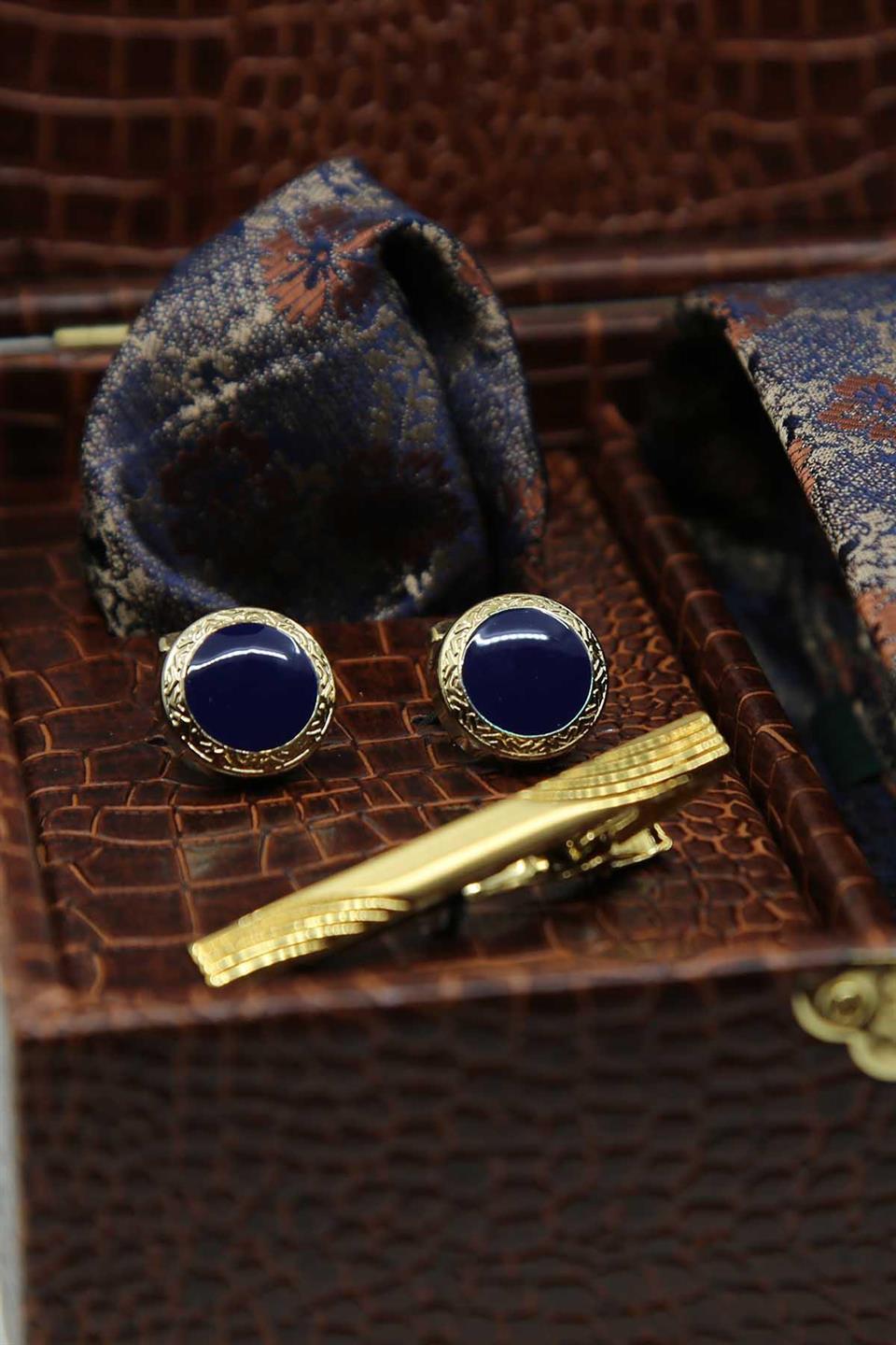 Kahverengi Erkek Hediye Kutusu - Mendilli Kravat Kol Düğmesi Kravat İğnesi KMK92