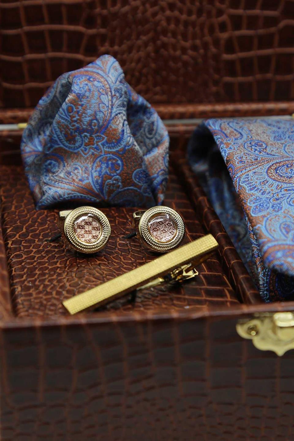 Kahverengi Erkek Hediye Kutusu - Mendilli Kravat Kol Düğmesi Kravat İğnesi KMK105