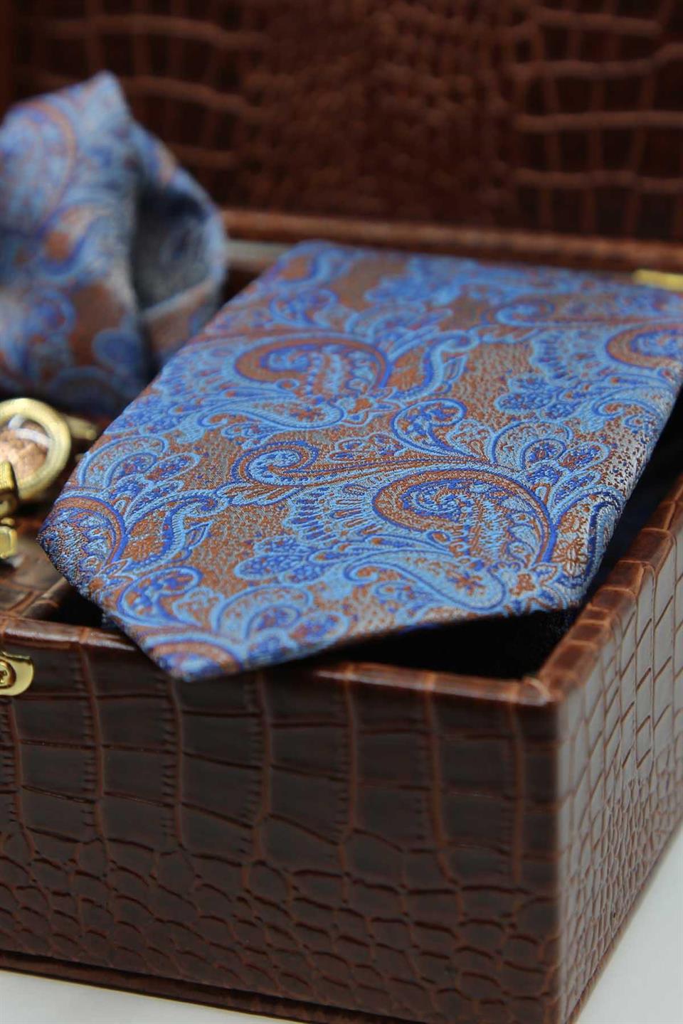 Kahverengi Erkek Hediye Kutusu - Mendilli Kravat Kol Düğmesi Kravat İğnesi KMK105