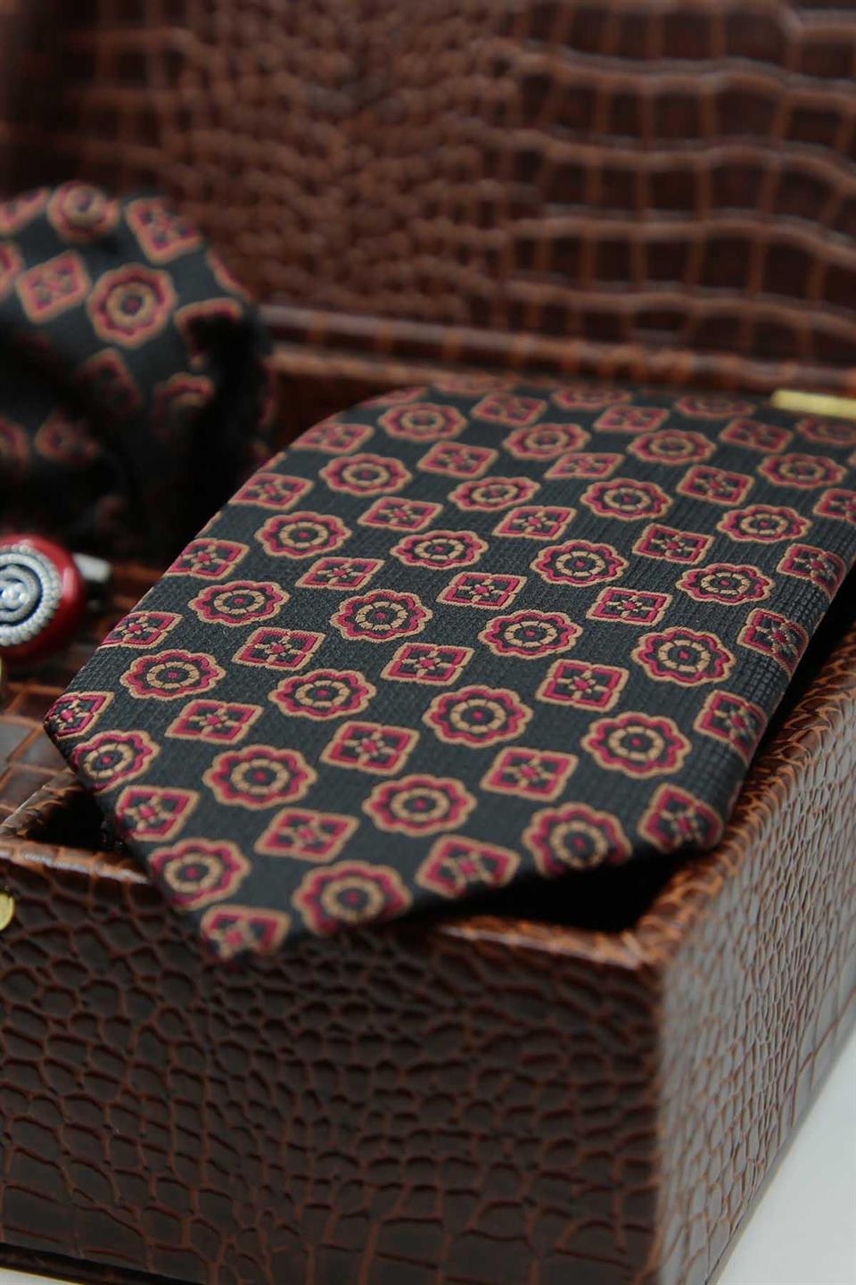 Kahverengi Erkek Hediye Kutusu - Mendilli Kravat Kol Düğmesi Kravat İğnesi KMK102