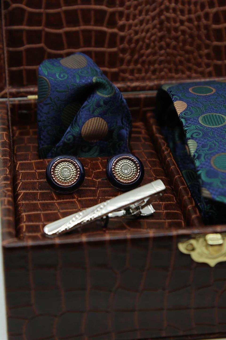 Kahverengi Erkek Hediye Kutusu - Mendilli Kravat Kol Düğmesi Kravat İğnesi KMK111