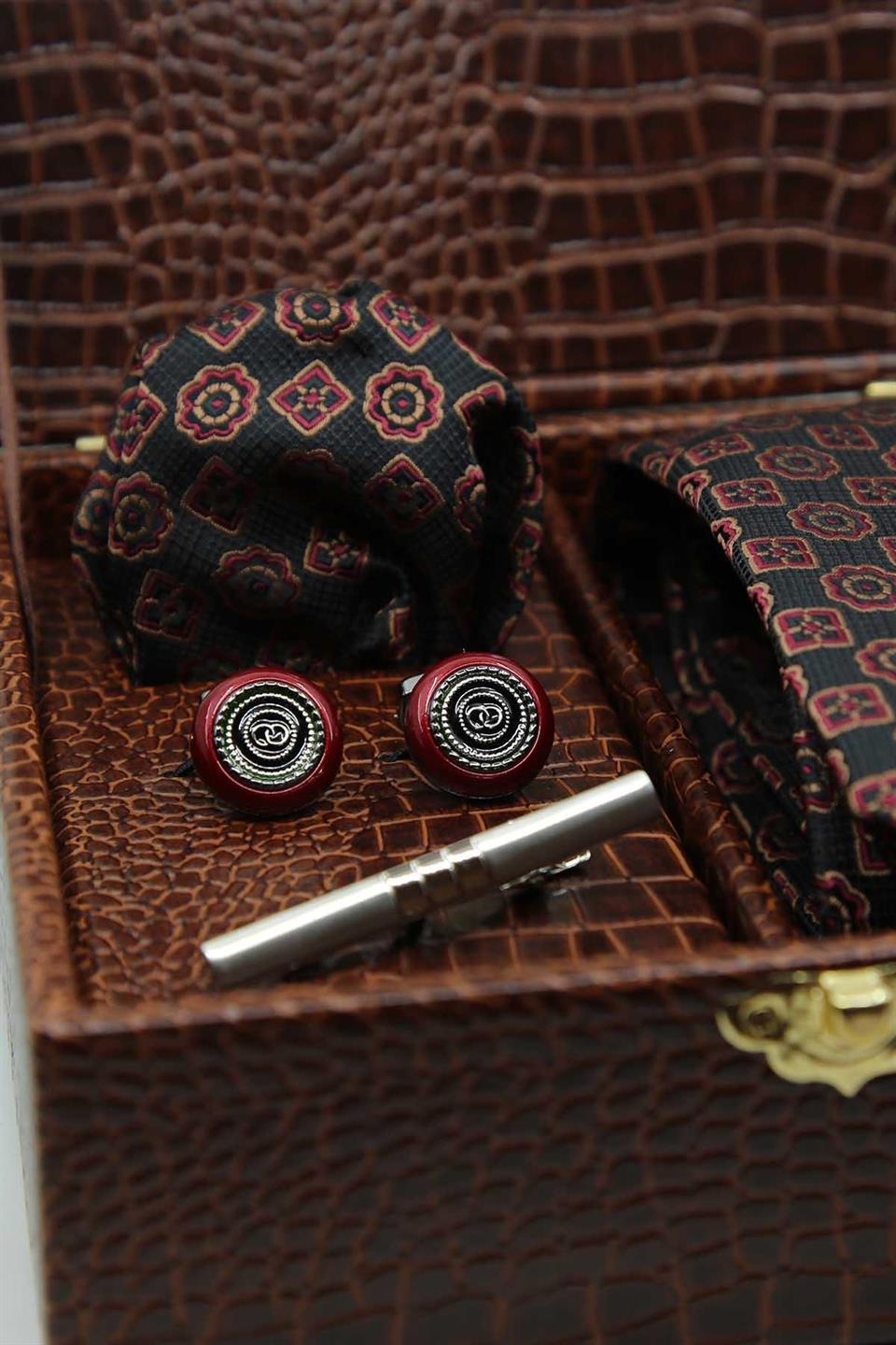 Kahverengi Erkek Hediye Kutusu - Mendilli Kravat Kol Düğmesi Kravat İğnesi KMK102