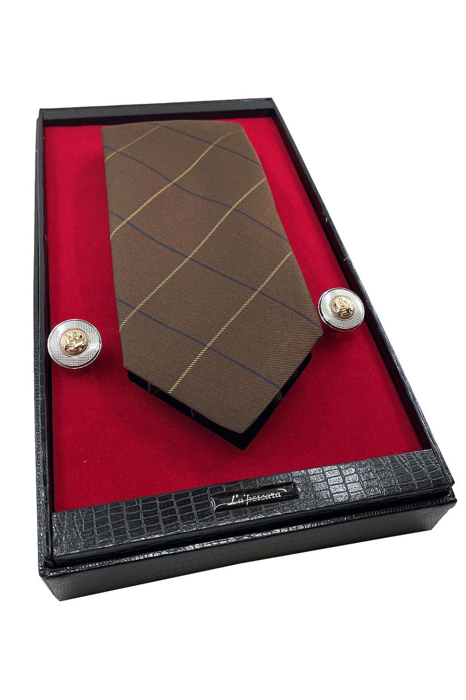 Kahverengi İtalyan İpek Kravat Çelik Kol Düğmesi Erkek Hediye Seti SKS