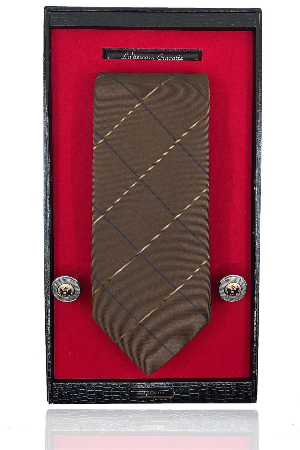 Kahverengi İtalyan İpek Kravat Çelik Kol Düğmesi Erkek Hediye Seti SKS