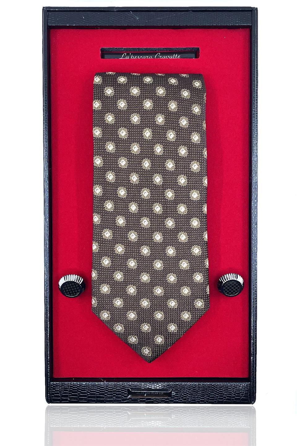 Kahverengi İtalyan İpek Kravat Çelik Kol Düğmesi Erkek Hediye Seti SKS