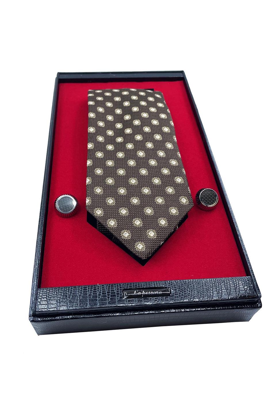 Kahverengi İtalyan İpek Kravat Çelik Kol Düğmesi Erkek Hediye Seti SKS