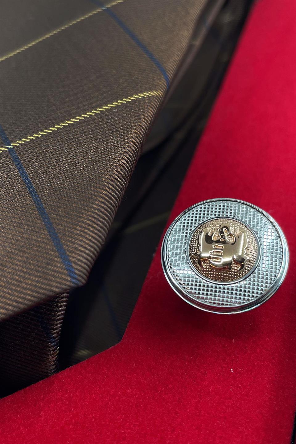 Kahverengi İtalyan İpek Kravat Çelik Kol Düğmesi Erkek Hediye Seti SKS