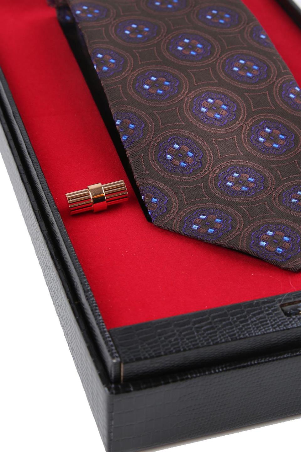 Kahverengi İtalyan İpek Kravat Mendil Kol Düğmesi Sevgililer Günü Hediyesi SKS70