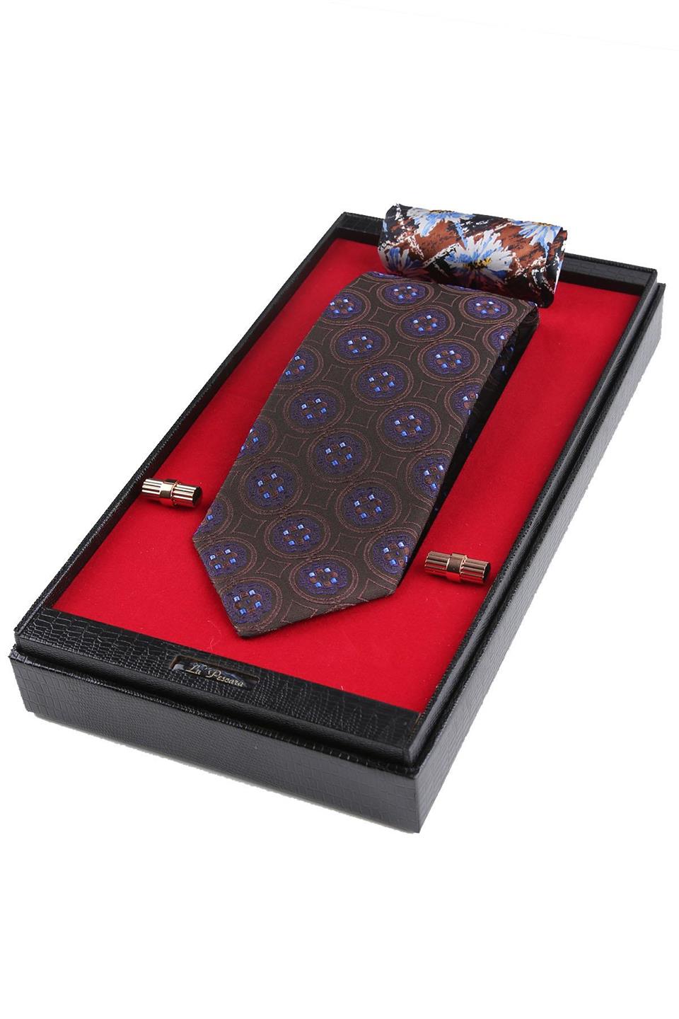 Kahverengi İtalyan İpek Kravat Mendil Kol Düğmesi Sevgililer Günü Hediyesi SKS70