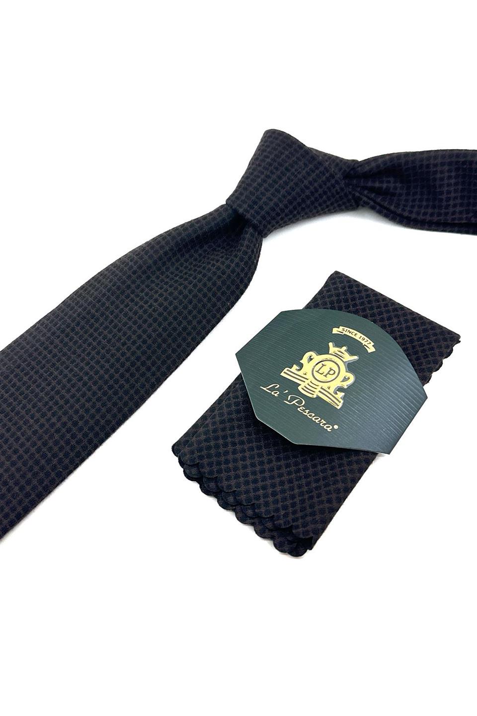 Kahverengi Kare Desen Mendilli Klasik Yün Kravat KK12121