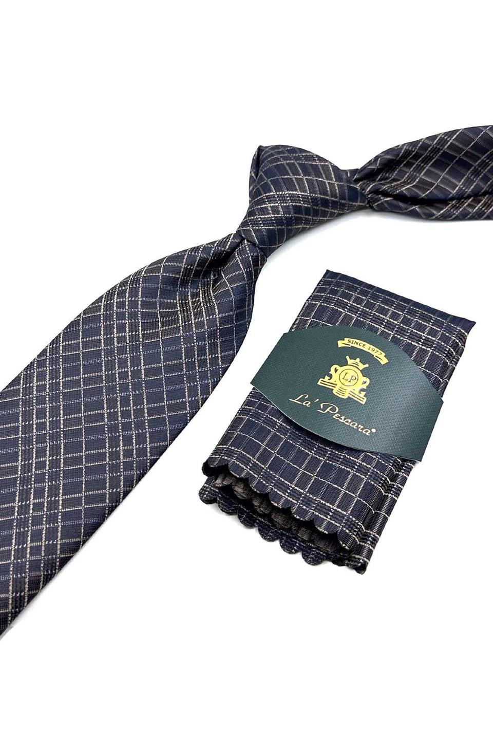 Kahverengi Kare Desen Mendilli Klasik Kravat KK12591