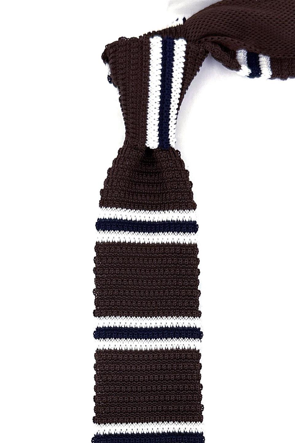 Kahverengi - Lacivert Çizgili Örgü Kravat ÖR8377