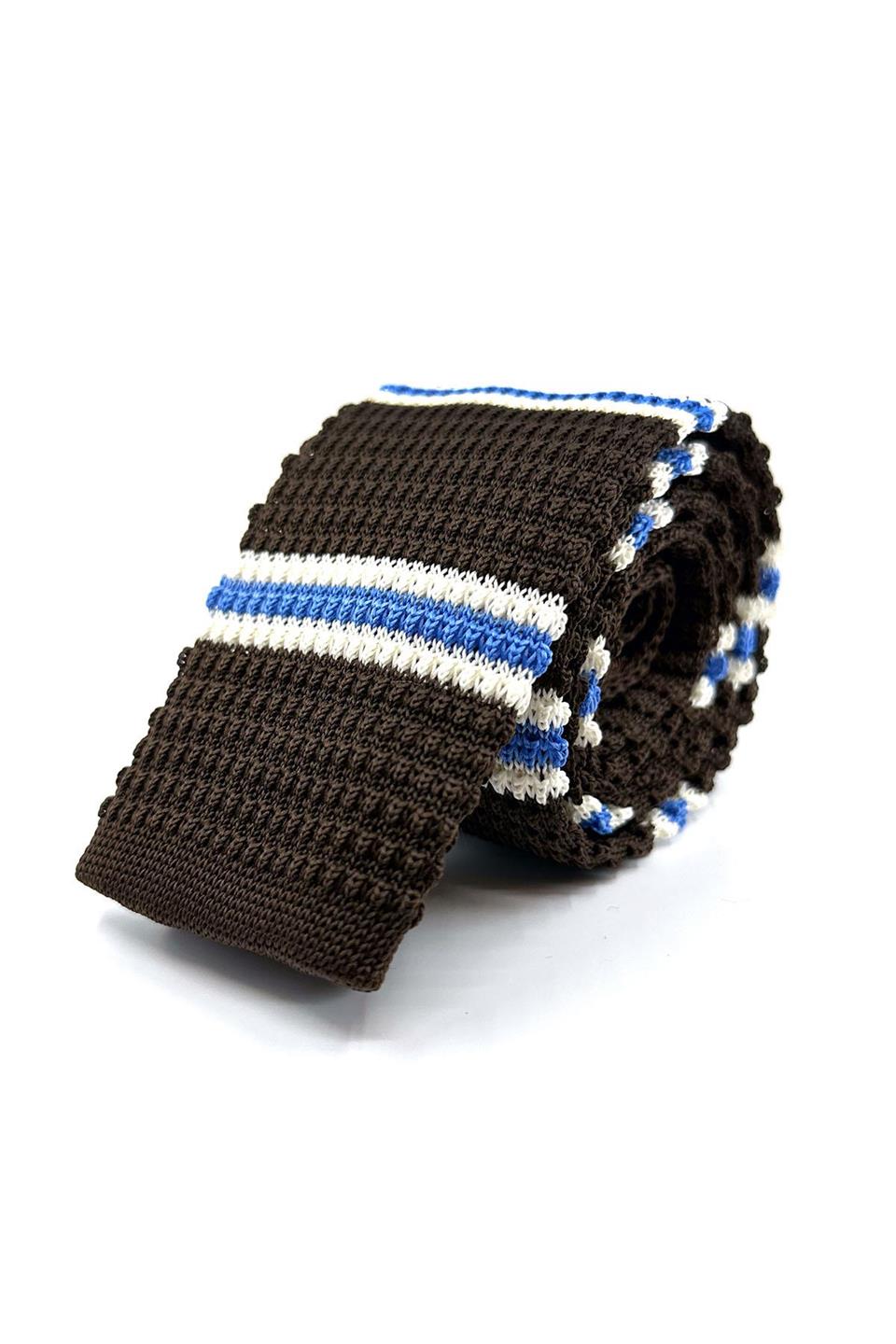 Kahverengi - Mavi Çizgili Örgü Kravat ÖR8372