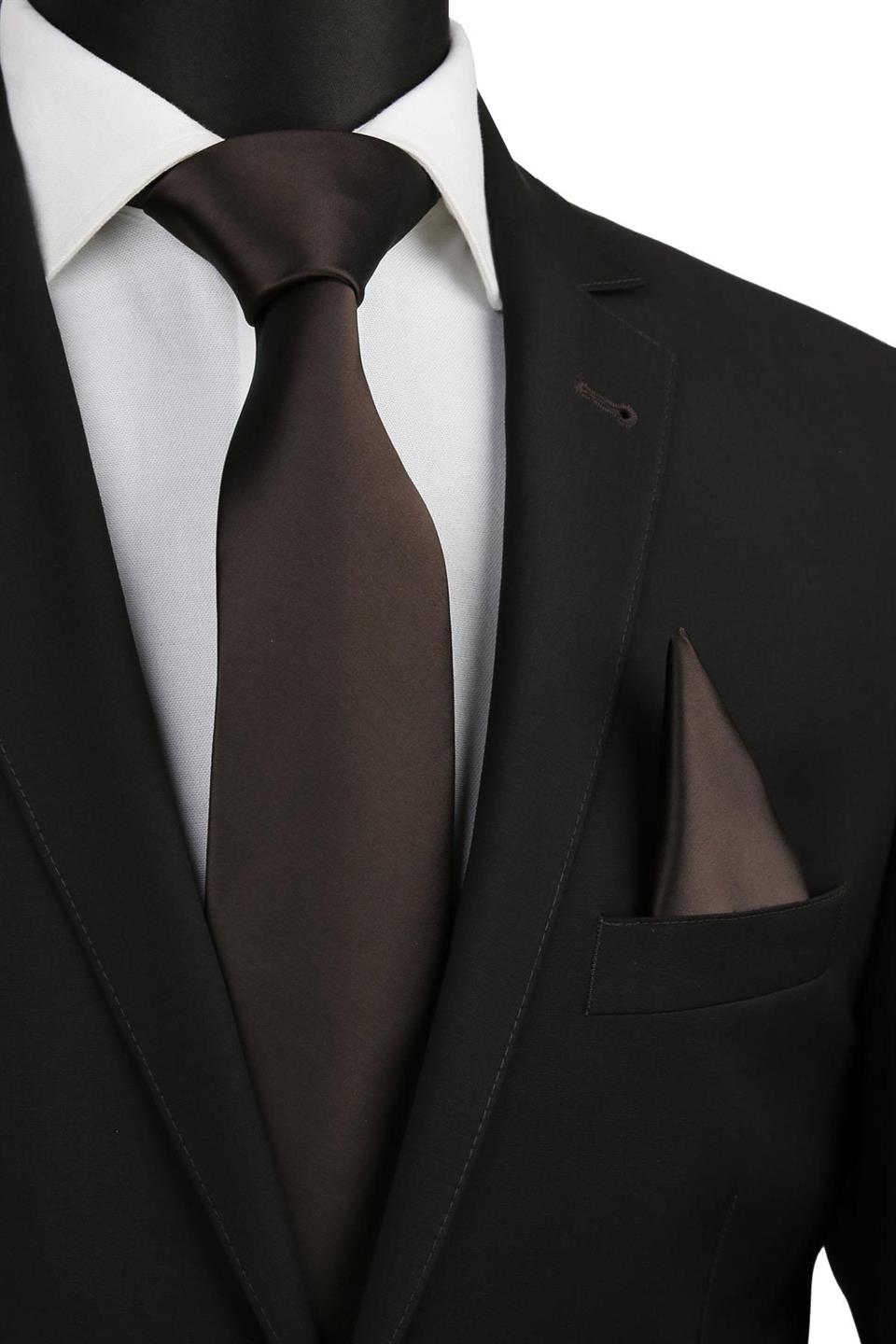 Kahverengi Mendilli Düz Saten Kravat 1605