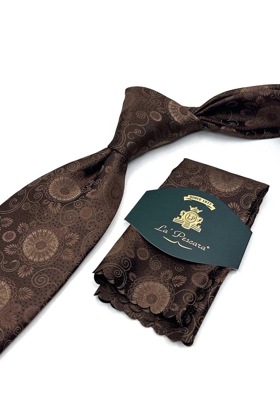 Kahverengi Motif Desen Mendilli Klasik Kravat KK13588