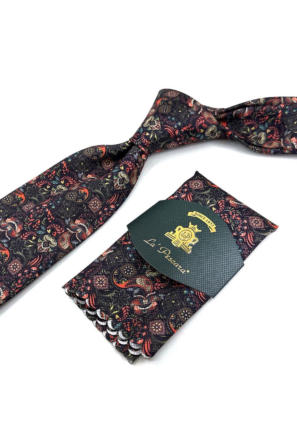 Kahverengi Motif Desen Mendilli Klasik Kravat KK11939