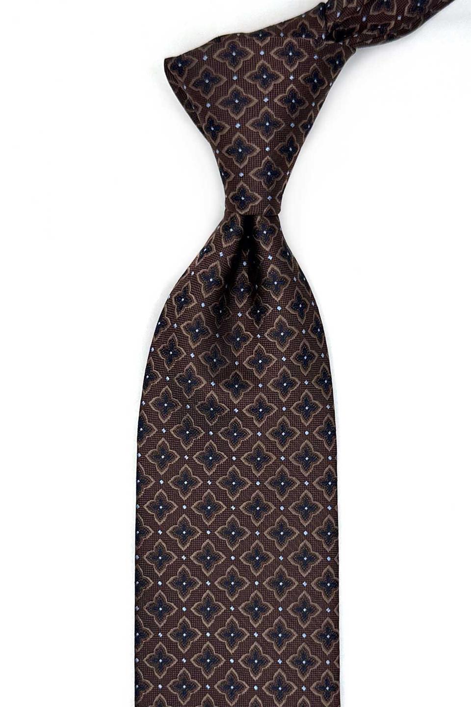 Kahverengi Motif Desen Mendilli Klasik Kravat KK13478