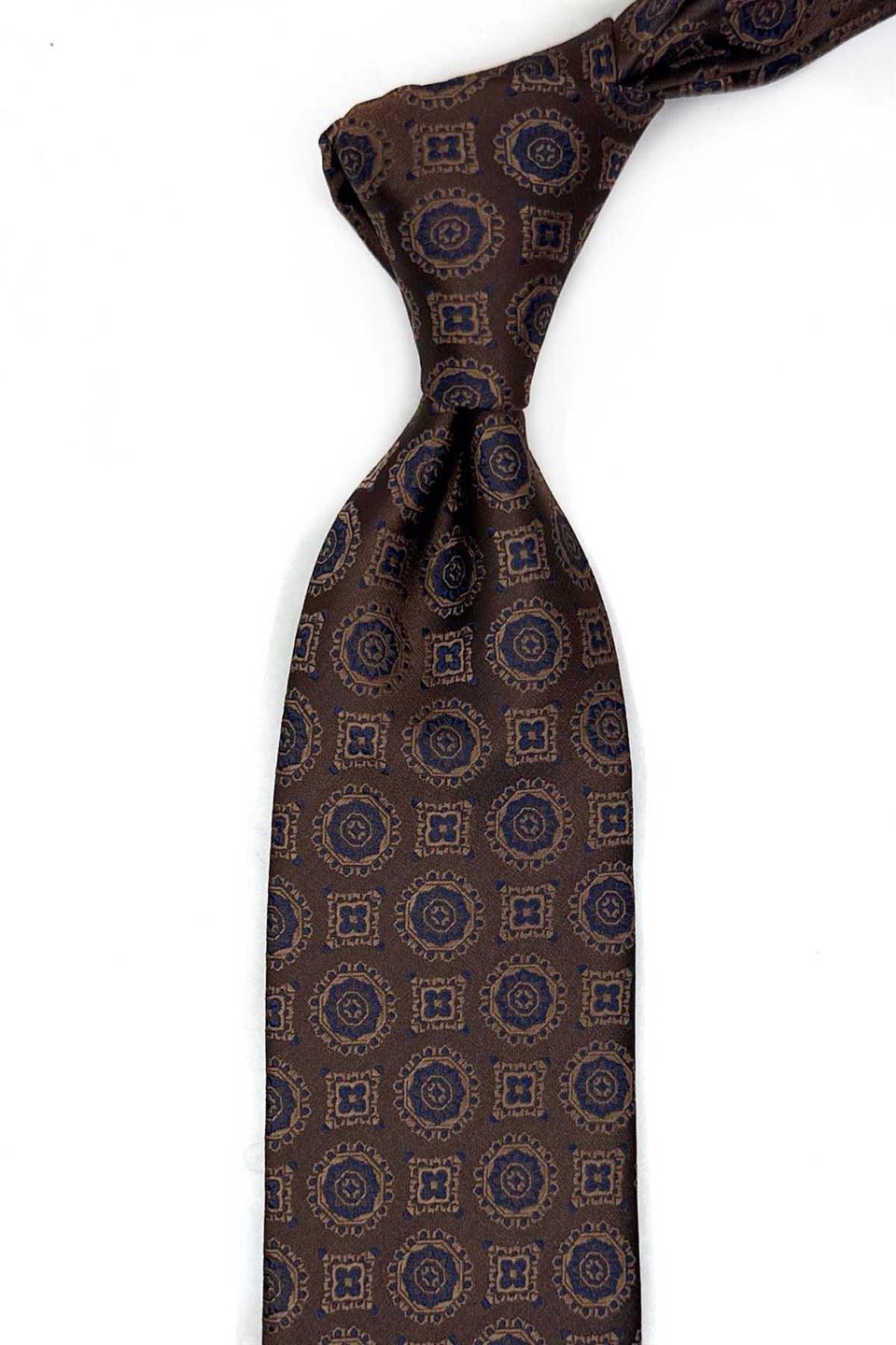 Kahverengi Motif Desen Mendilli Klasik Kravat KK13577