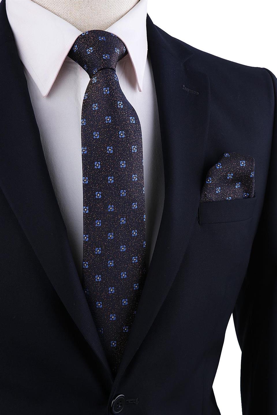 Kahverengi Motif Desen Mendilli Klasik Kravat KK10280