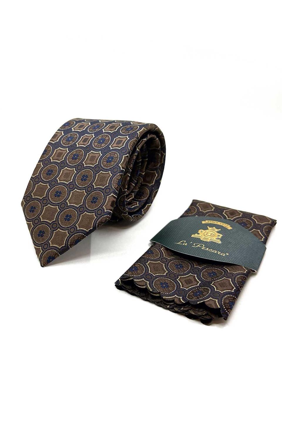 Kahverengi Motif Desen Mendilli Klasik Kravat KK12951