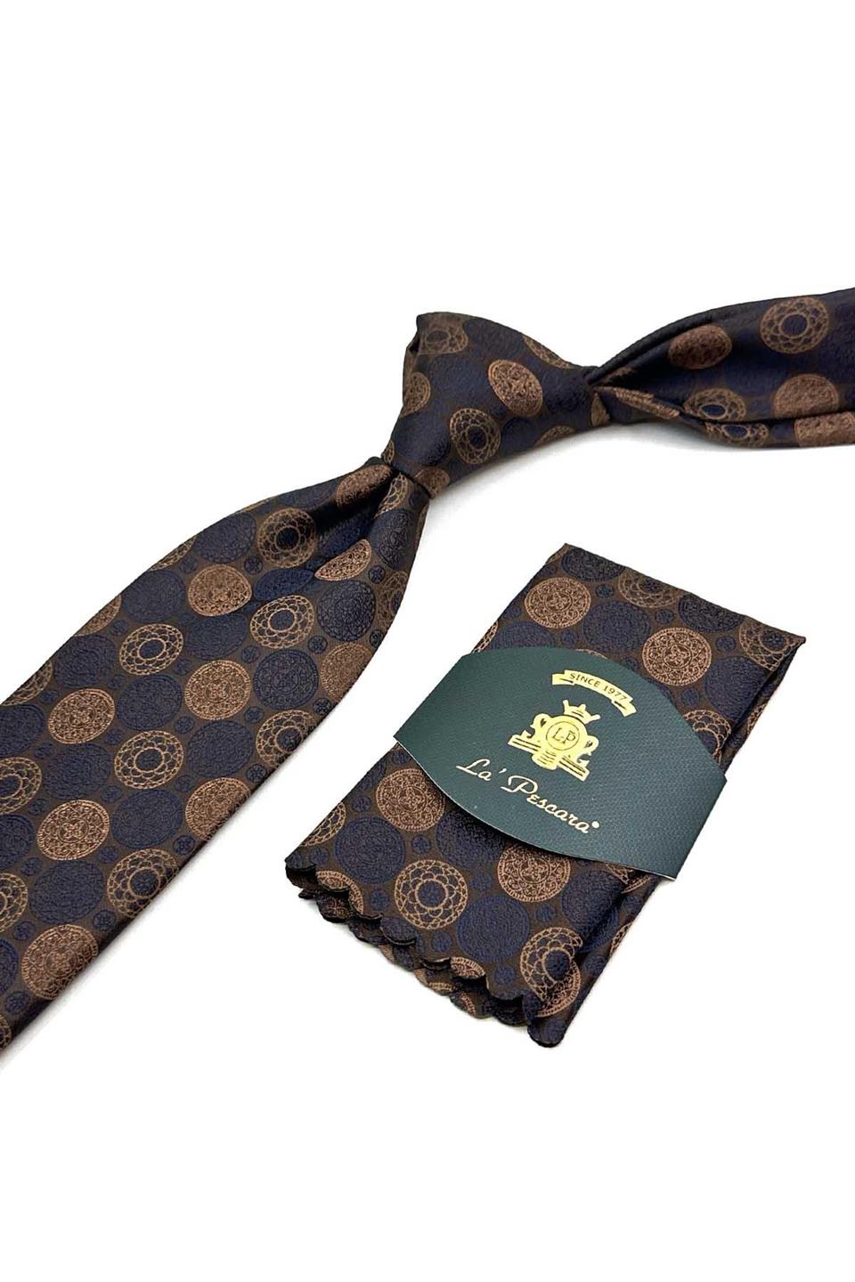 Kahverengi Motif Desen Mendilli Klasik Kravat KK12992