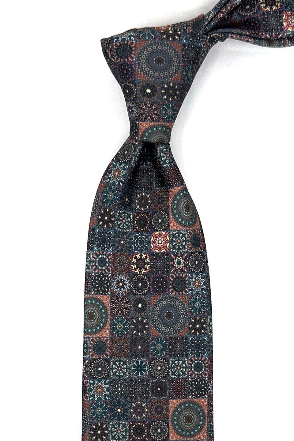Kahverengi Motif Desen Mendilli Klasik Kravat KK11941