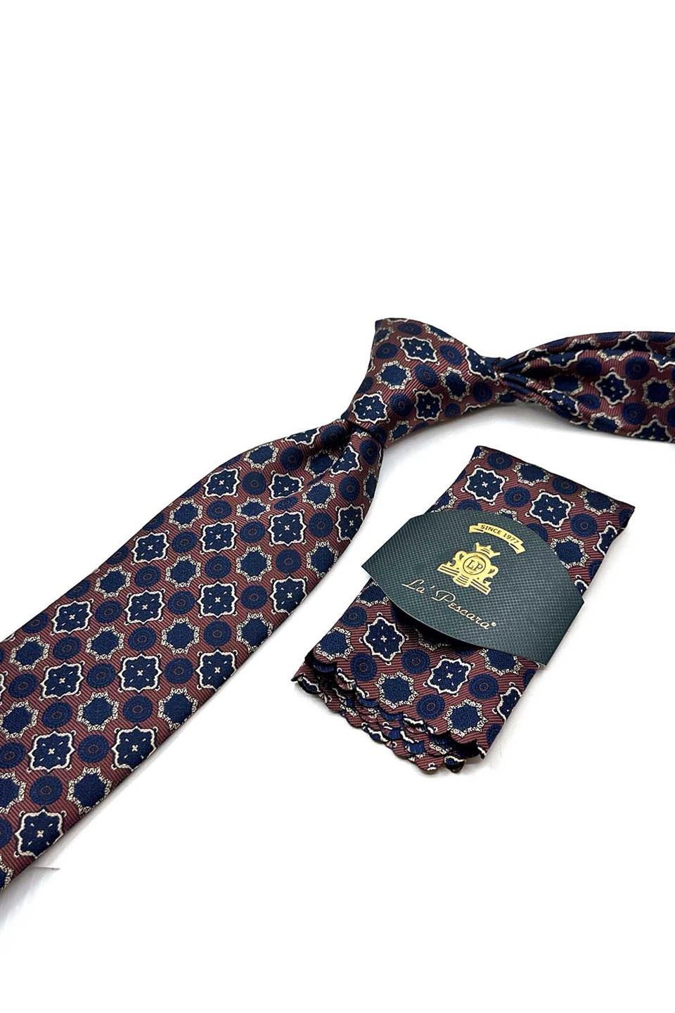 Kahverengi Motif Desen Mendilli Klasik Kravat KK12967