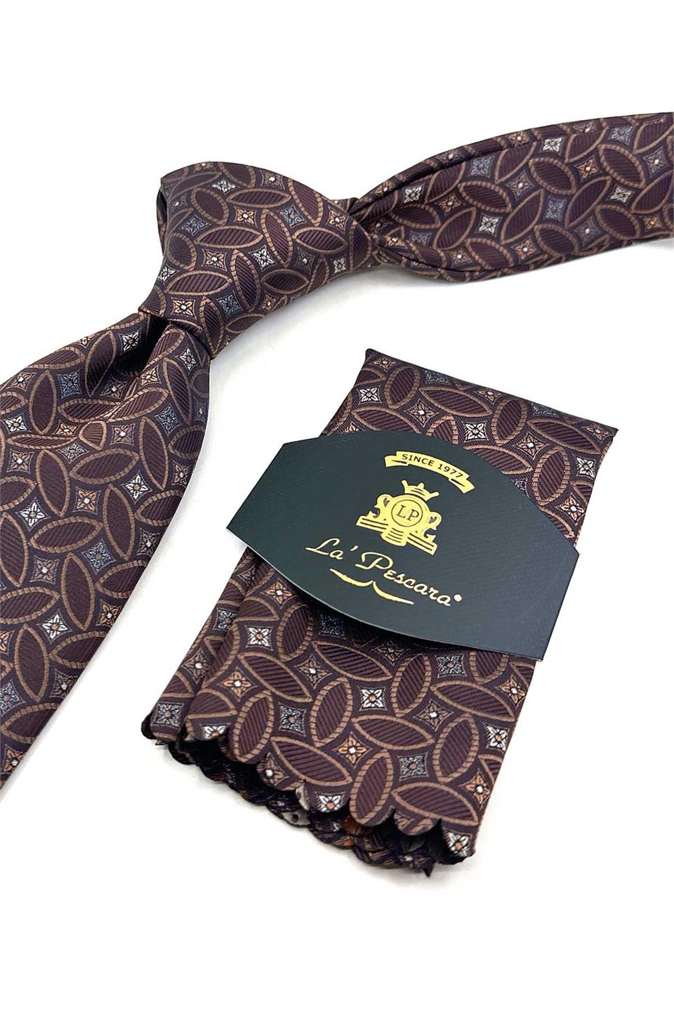 Kahverengi Motif Desen Mendilli Klasik Kravat KK13982