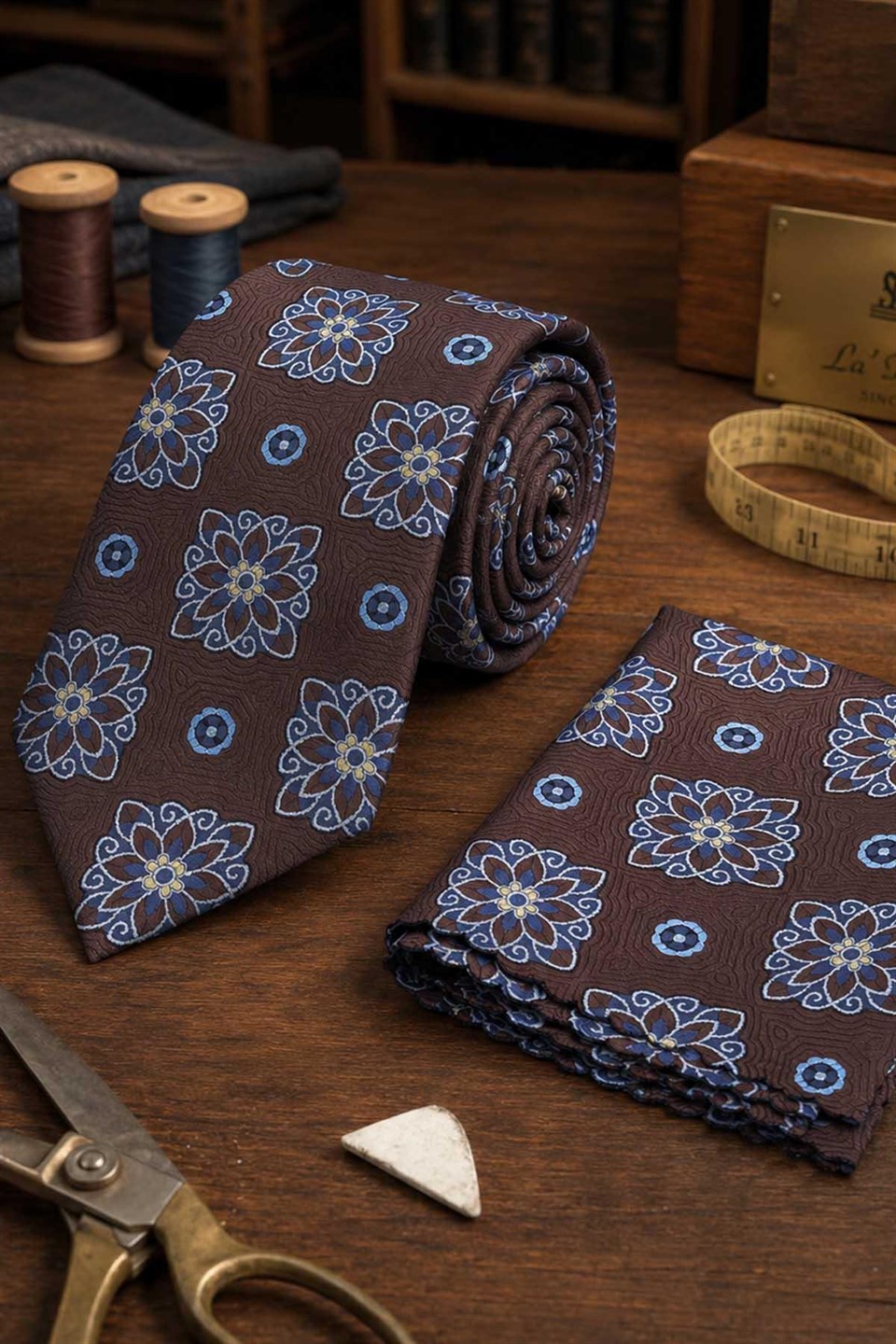 Kahverengi Motif Desen Mendilli Klasik Kravat KK13735