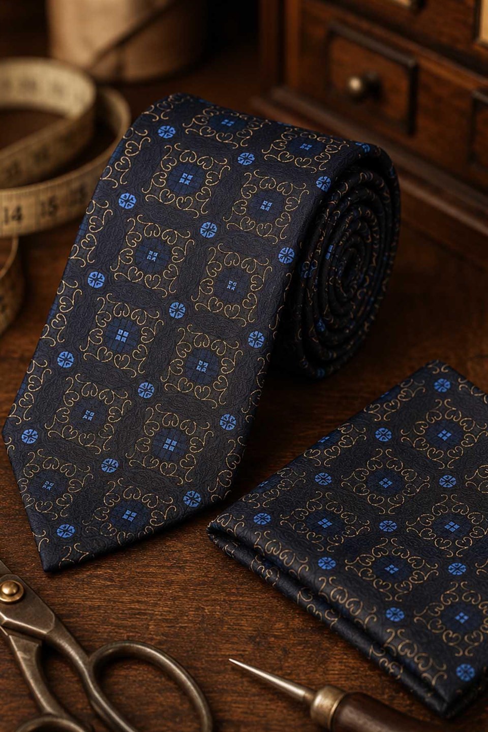Kahverengi Motif Desen Mendilli Klasik Kravat KK13757
