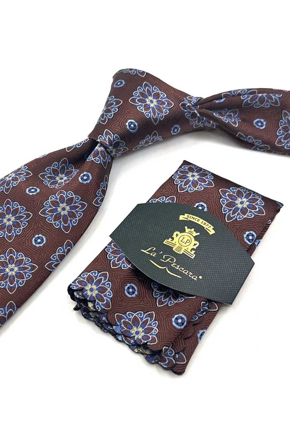 Kahverengi Motif Desen Mendilli Klasik Kravat KK13735