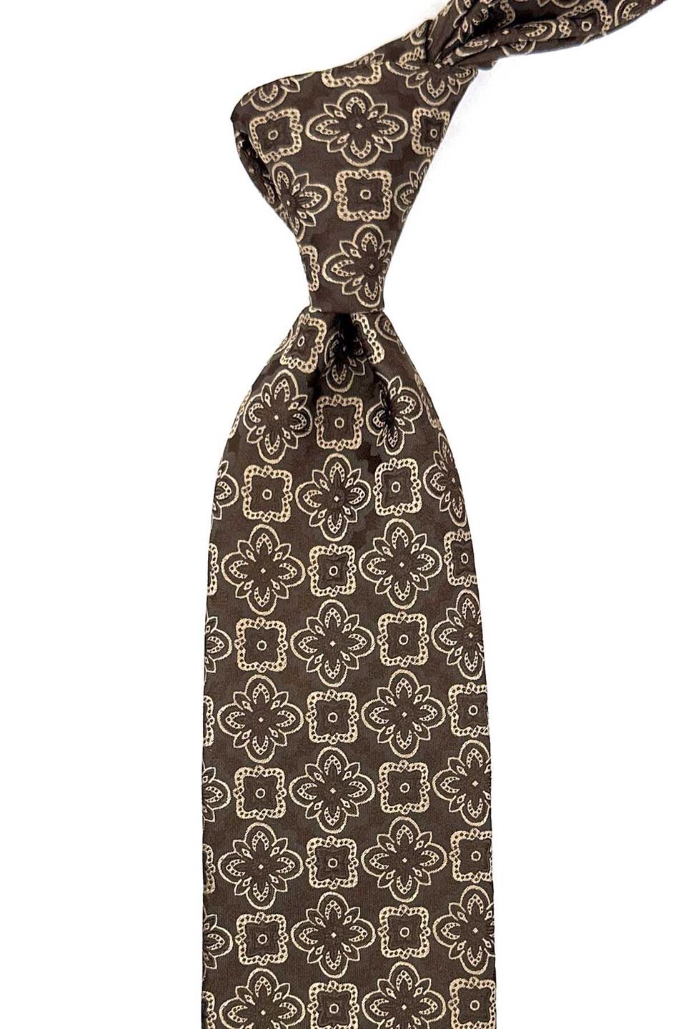 Kahverengi Motif Desen Mendilli Klasik Kravat KK12374