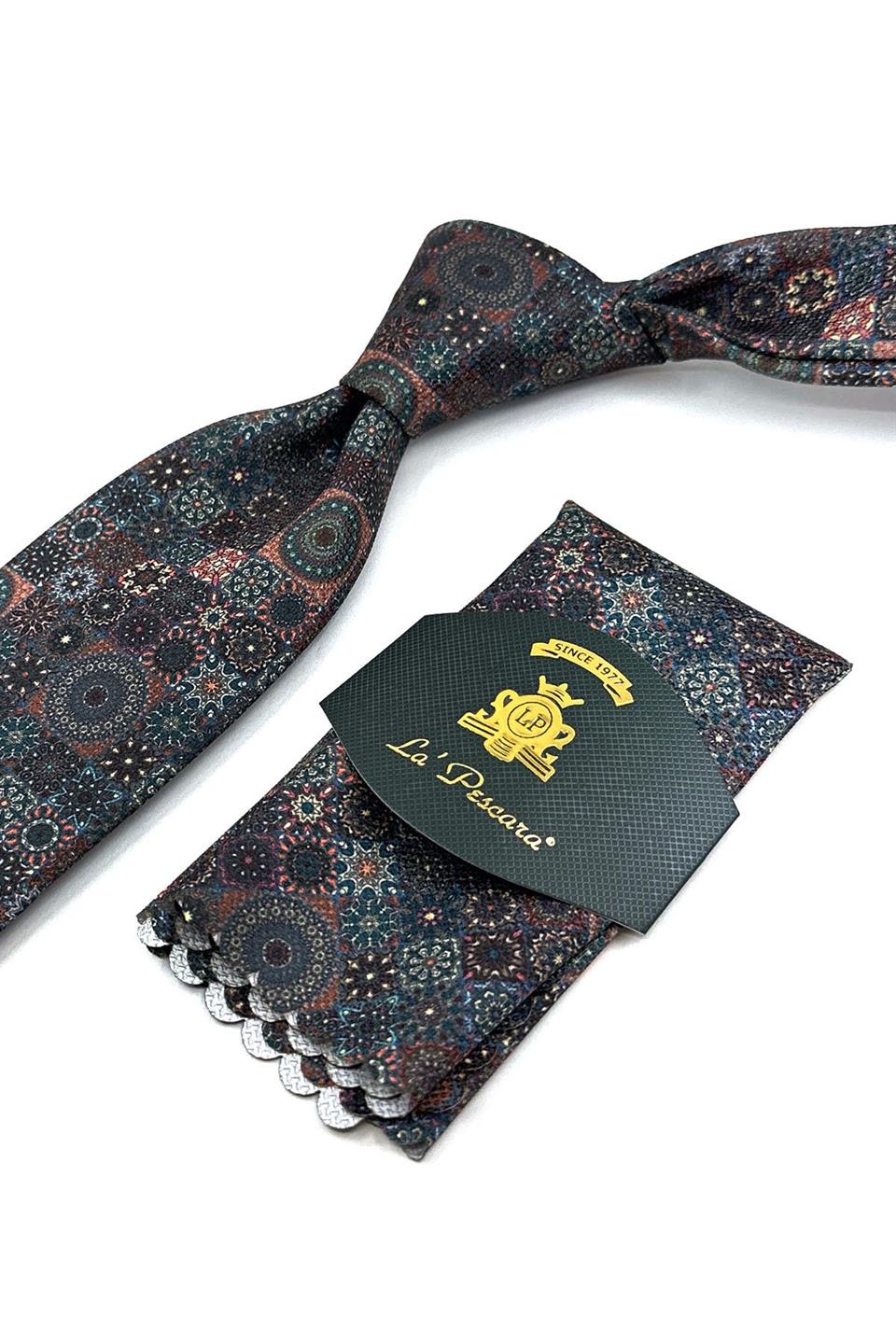 Kahverengi Motif Desen Mendilli Klasik Kravat KK11941