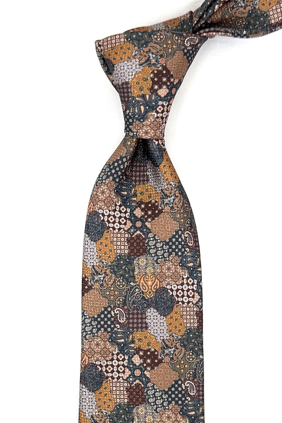 Kahverengi Motif Desen Mendilli Klasik Kravat KK11937