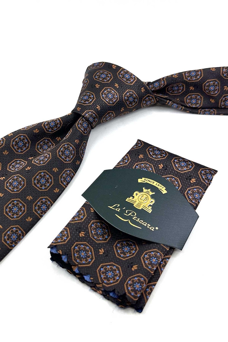 Kahverengi Motif Desen Mendilli Klasik Kravat KK13950