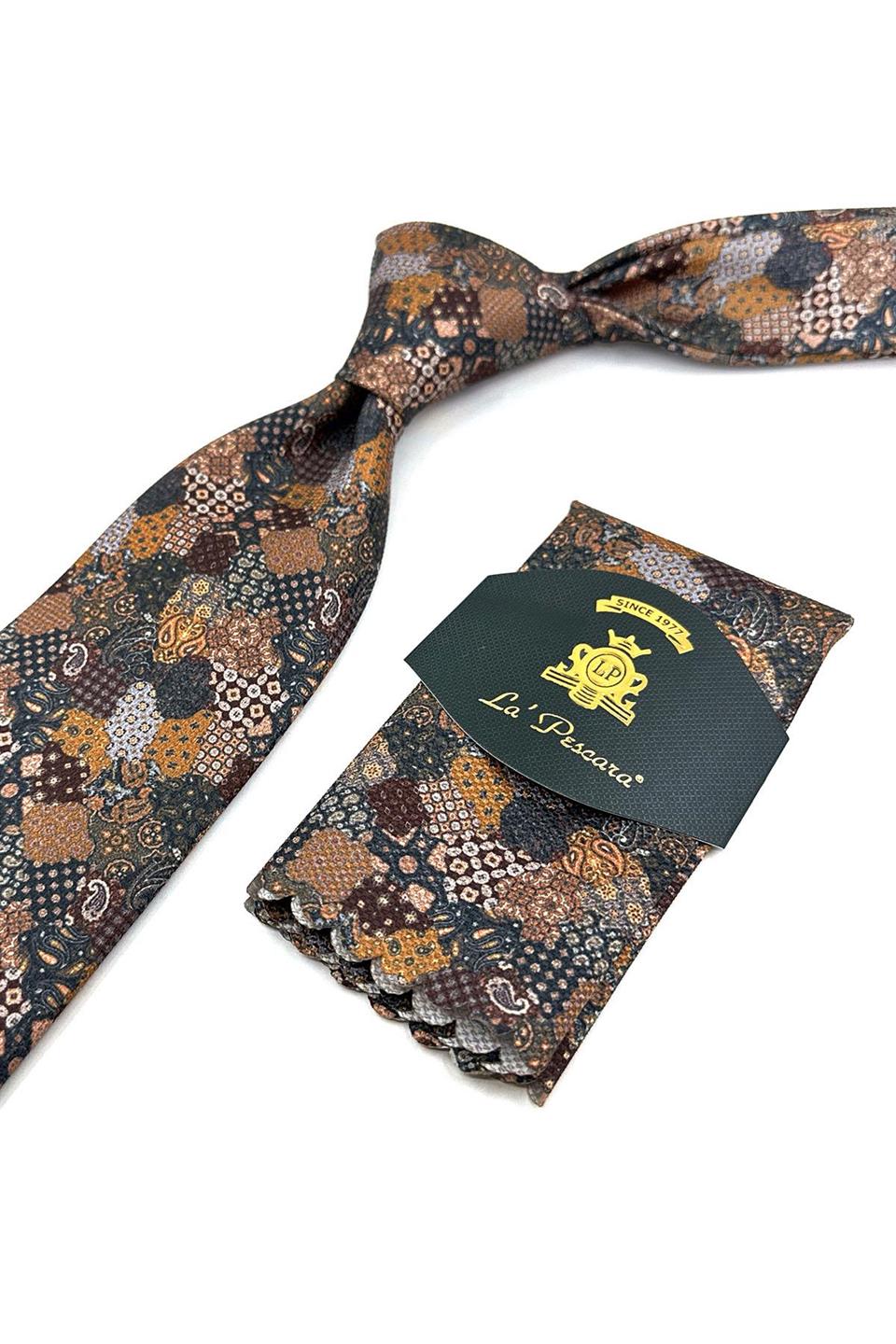 Kahverengi Motif Desen Mendilli Klasik Kravat KK11937