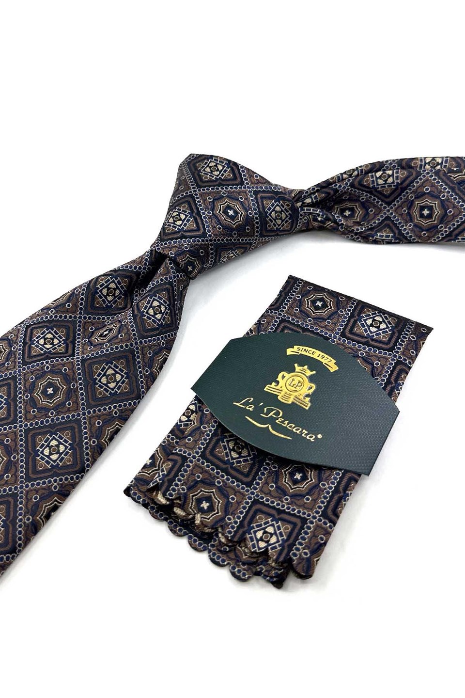 Kahverengi Motif Desen Mendilli Klasik Kravat KK13957