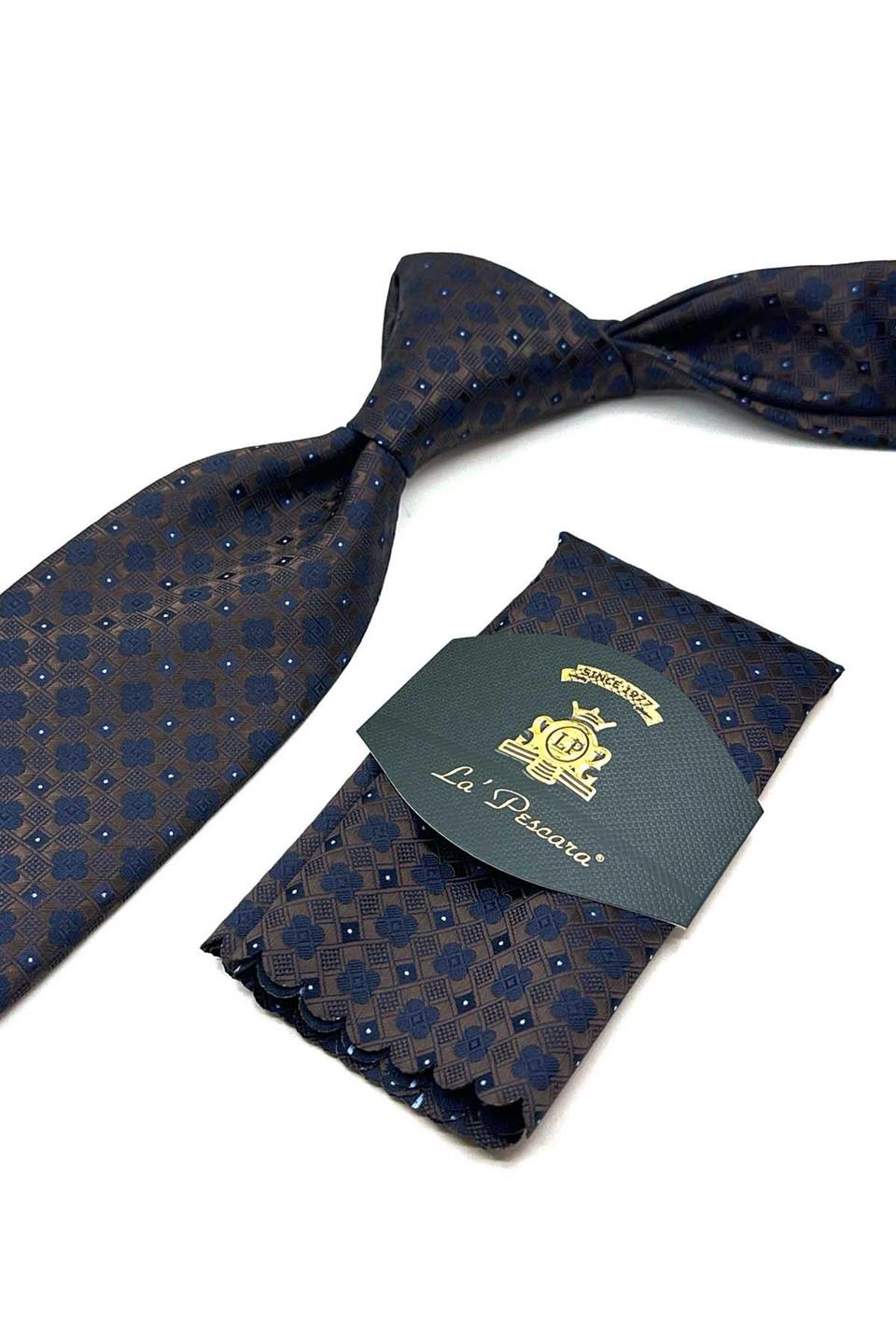 Kahverengi Motif Desen Mendilli Klasik Kravat KK13034