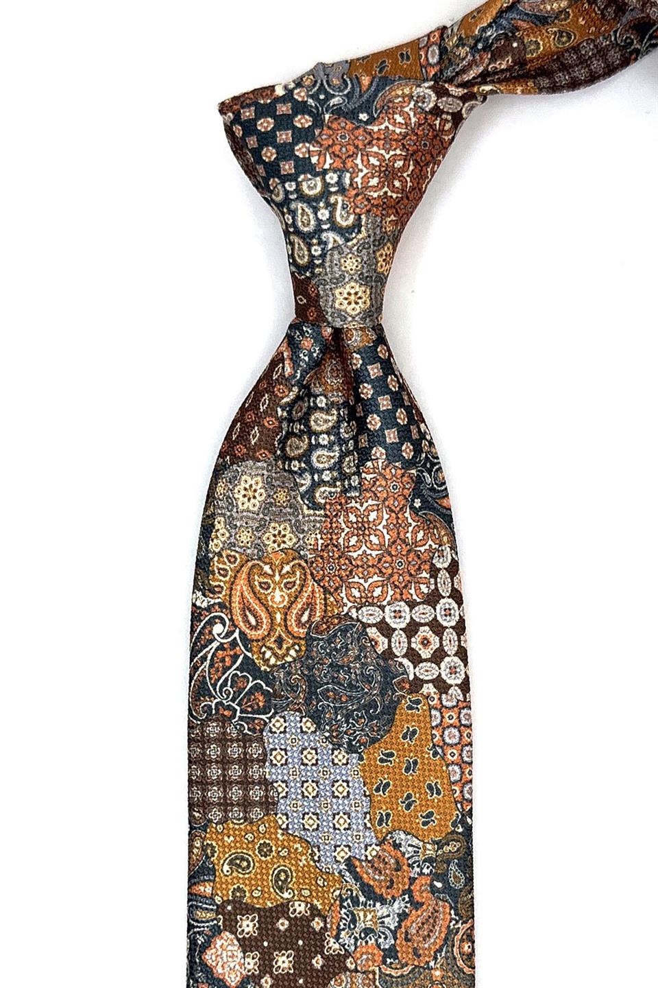 Kahverengi Parça Desen Mendilli Klasik Kravat KK11455