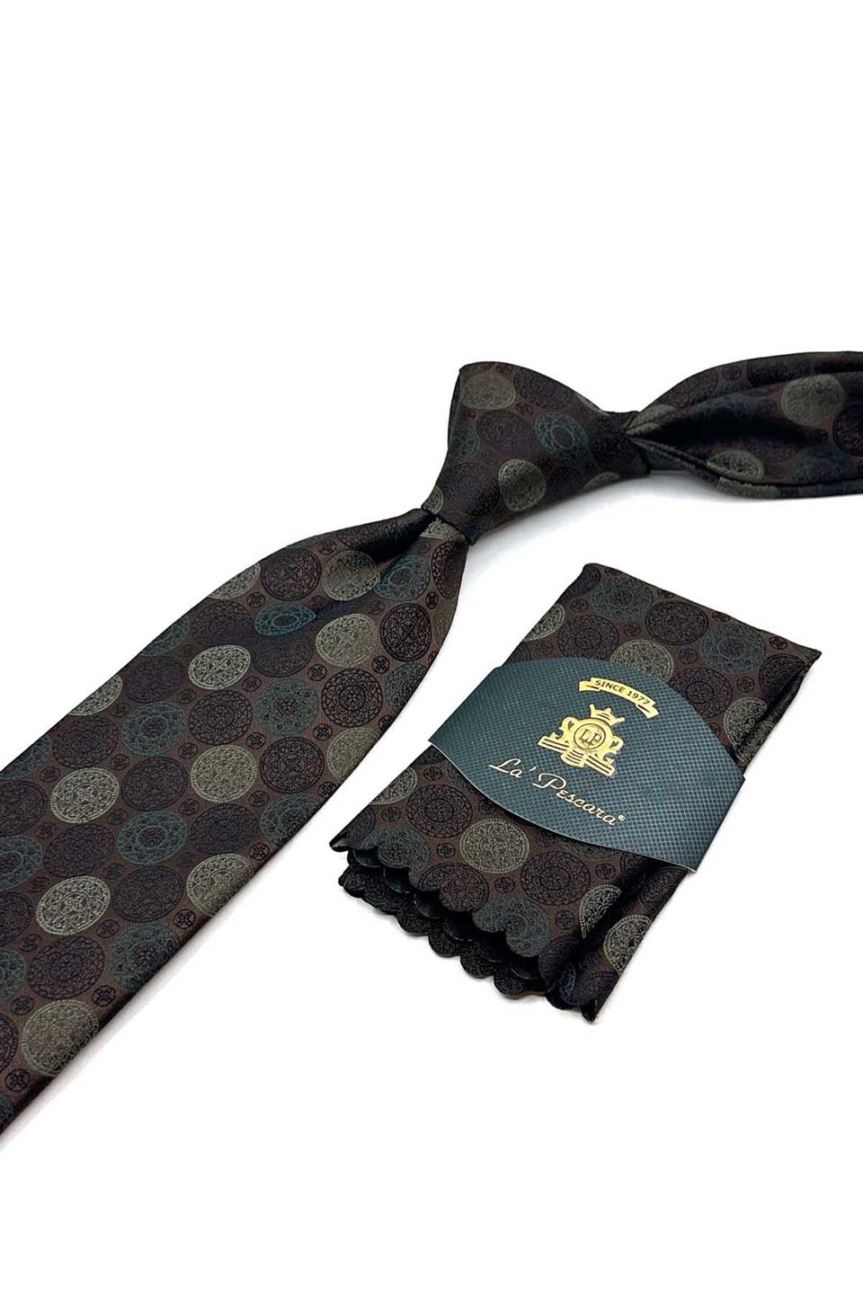 Kahverengi Puantiye Desen Mendilli Klasik Kravat KK12996