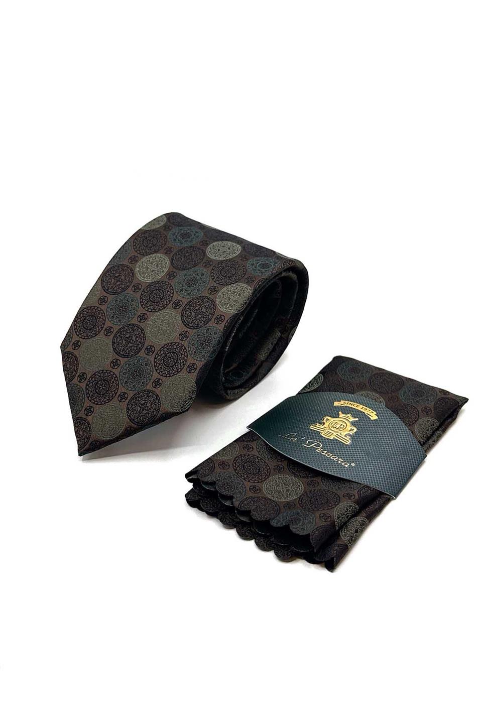 Kahverengi Puantiye Desen Mendilli Klasik Kravat KK12996